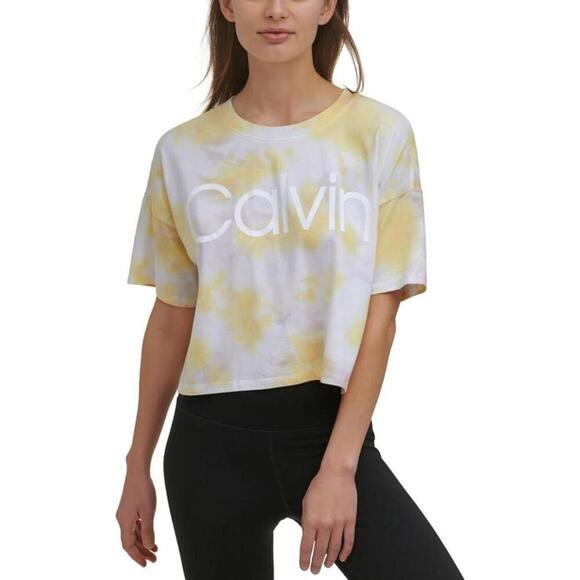 Calvin Klein Performance Cropped Tie-Dyed T-Shirt, YellowKensignton Daffod, Sz M - Picture 1 of 3